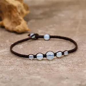 Opal Moonstone Anklet Bracelet Braided Woven Wax Cord Adjustable Anklet for Men Women