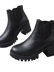 Simple Round Toe Short Boot, Side Elastic Thick Sole Chelsea Boots for Women, Casual Office Wear, Comfortable and Stylish