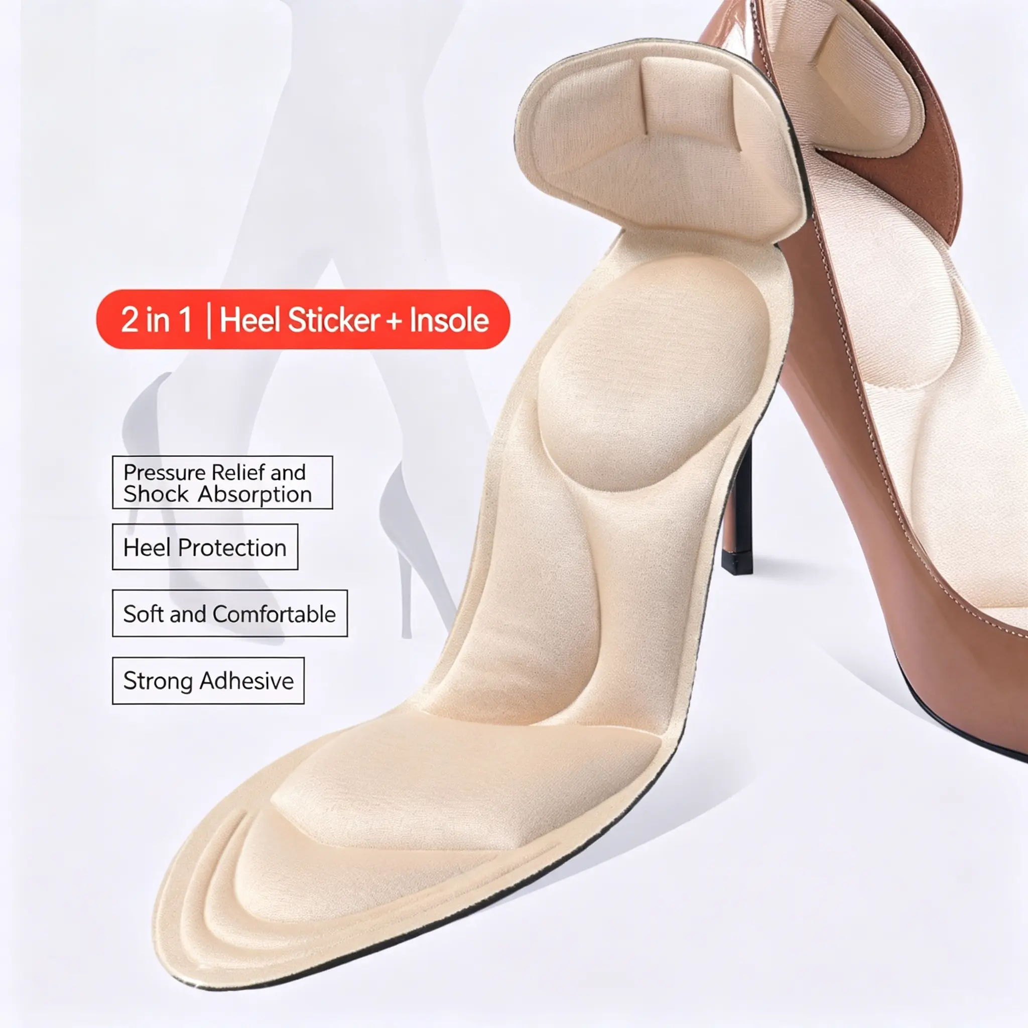 2-in-1 Anti-Slip Heel Protectors, Insoles for Pointed High Heels and Sports Shoes (size 35-40 41-45 Adjustable), Women's and Men's Casual Wear