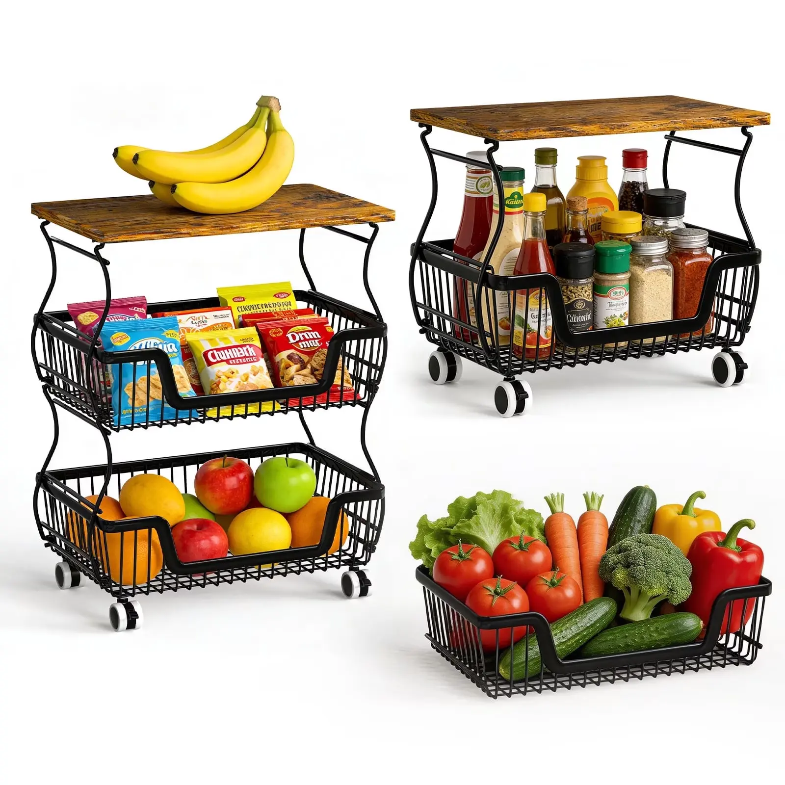 3-Tier Rolling Pantry Floor Organizer with Wheels, Full Storage Cart & Special Organizer Shelf, Removable Stackable Wire Basket Stand for Kitchen Dining Room Furniture, Reminder, Organizer Shelf Dining Room Furniture