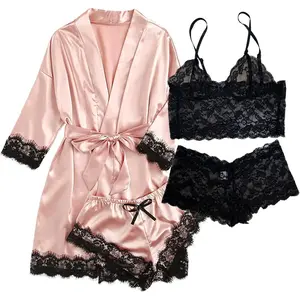 Silk Pajama Sets for Women: Satin Sexy Lingerie 4 Piece Sleepwear Cami Lace Pjs Set with Robes
