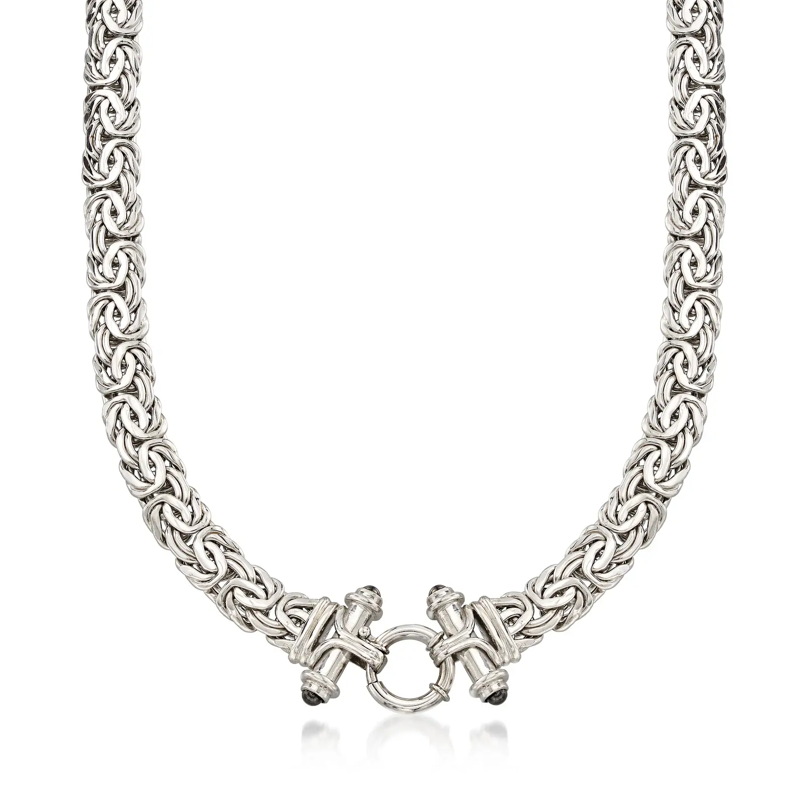 Classic Vintage Silver Byzantine Link Chain Necklace with Dual End Cap Spring Ring Clasp, Silver-Plated Chunky Chain Necklace, Fashion Jewelry, Unisex