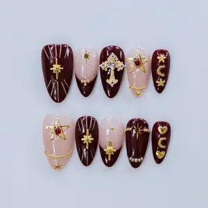 Fullovenail Almond Shape Brown Golden Cross Handmade Press on Nail Glitter Acrylic Powder Rhinestone Gel