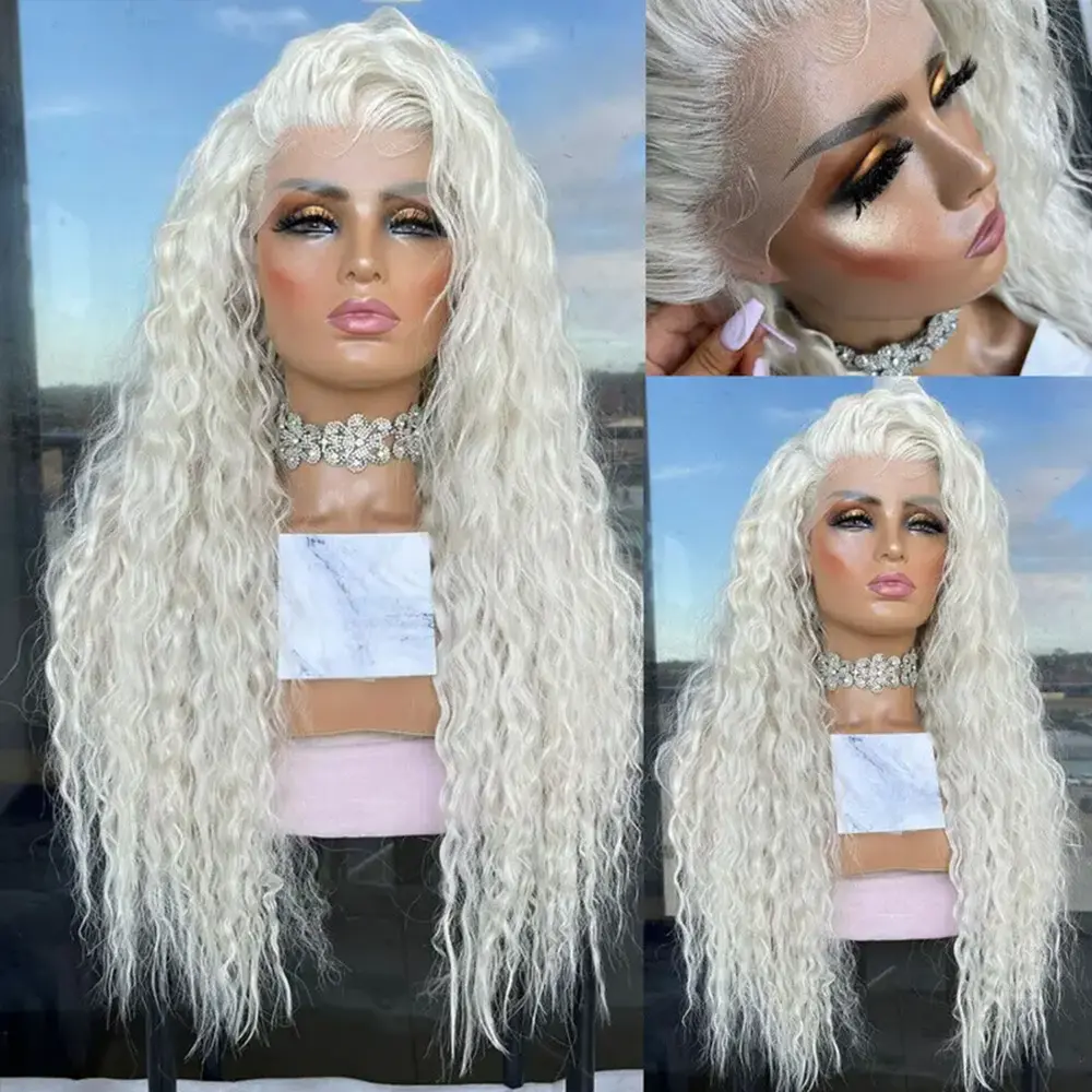 Platinum Ash white loose curly Lace Front Wig 13x4 HD Transparent Pre-Plucked synthetic lace front wig platinum blonde long curly hair for women For Daily Party Use