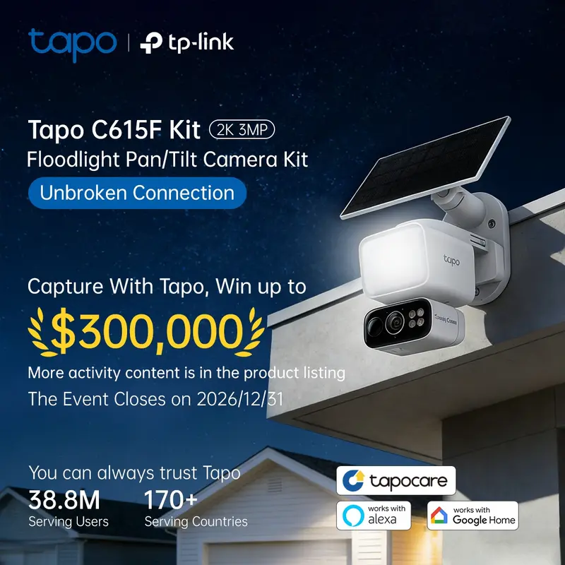 TP-Link & Tapo C615F Kit Solar Dimmable Floodlight 360° Pan/Tilt Security Camera Kit,2K 3MP  360° AI Tracking  Outdoor Wireless w/Solar Panel  Free Person/Vehicle Detection  Hack-Proof Security | Alexa & Google Home