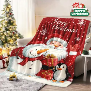 Cozy Christmas Flannel Throw Blanket - Skin-Friendly Polyester Blanket with Santa, Snowman, Penguin and "Merry Christmas" Slogan Print, Warm for Home Decor, Naps - Ideal Holiday Gift for Family, Skin Friendly Blanket