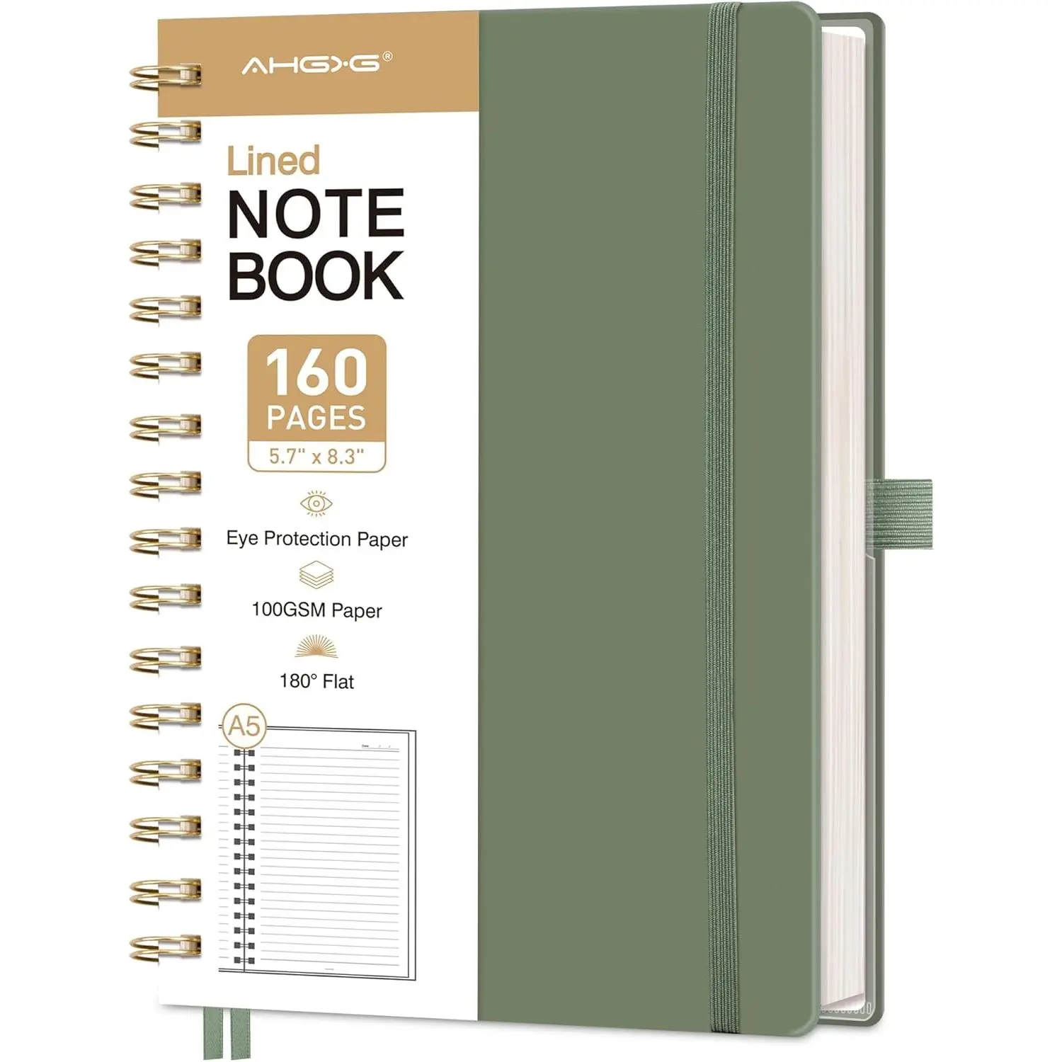 Spiral Journal Notebook, 160 Lined Pages, A5 Medium Size (5.7'' x 8.3''), for Men & Women, Journaling, Writing, Work & Office, Hardcover, 100 GSM Thick Paper (Light Green)