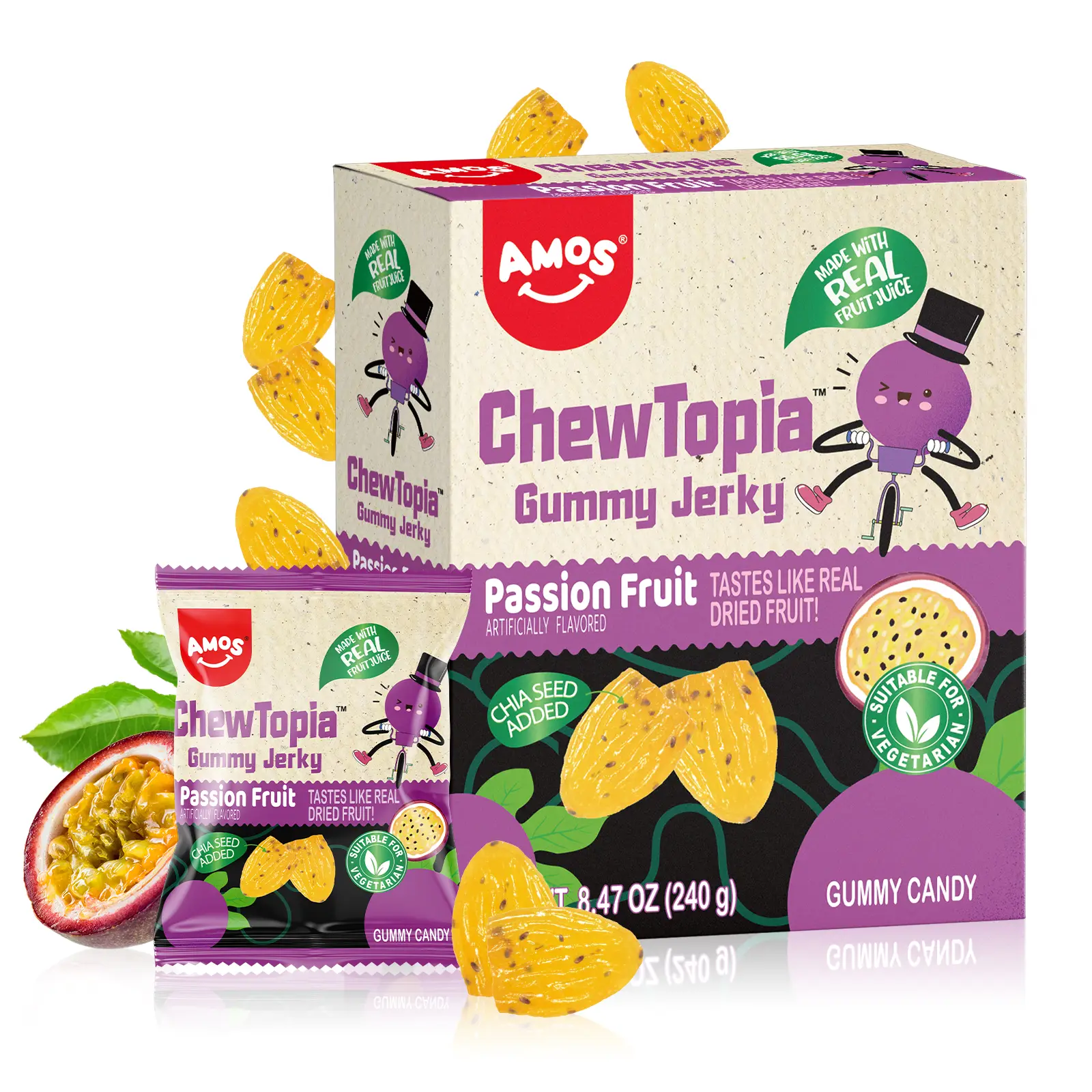 Amos ChewTopia Gummy Jerky Coconut, Passionfruit, Mango - Vegan Snack with Sweet Candy Bonbon Flavor - Enjoy Tropical Flavor in Every Bite