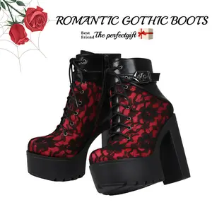 Women's Mid-Calf Boots Platform Chunky Heels Classic Round Toe Gothic Lace Up High Heel Boots for Girl Walking Shoes Combat Style Lace-Up Platform Sole Footwear