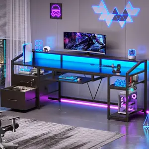 Sedeta 63-Inch Modern Wood-Metal Gaming PC Desk - Ergonomic, LED Lights, Power Outlet, Lockable Drawer - Durable Commercial Office Computer Workstation with Gamer Stuff, Desks for Gaming