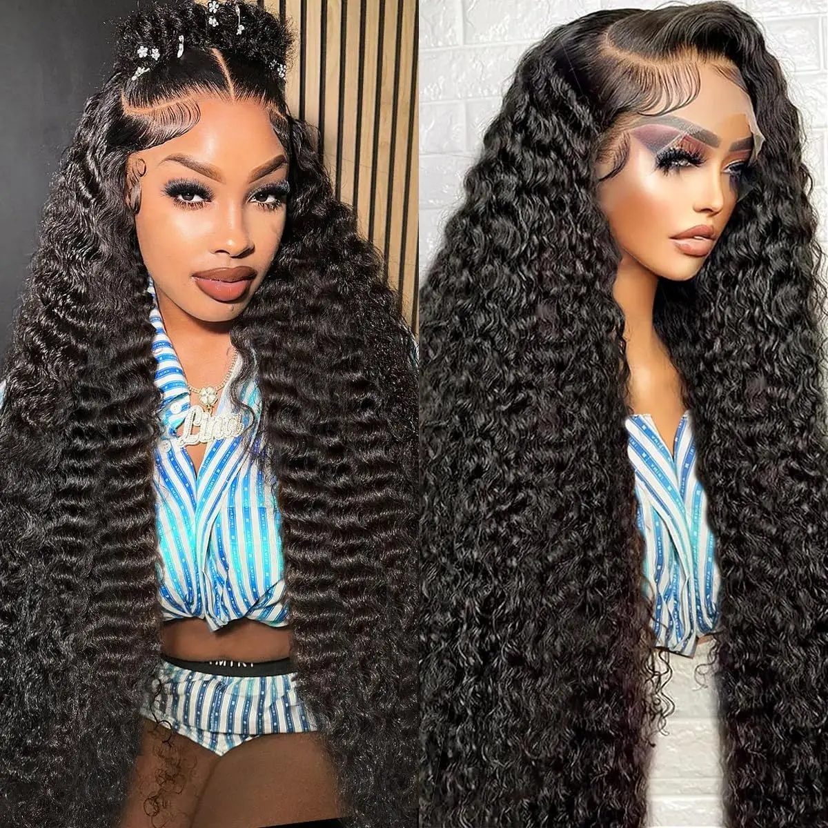 13x6 Deep Wave Lace Front Wigs Human Hair HD Transparent Lace Frontal Wigs 180 Density Deep Wave Pre Plucked Bleached Knots Deep Curly Baby Hair Wet And Wavy Natural Black Fashion Vibe For Women#summer wig