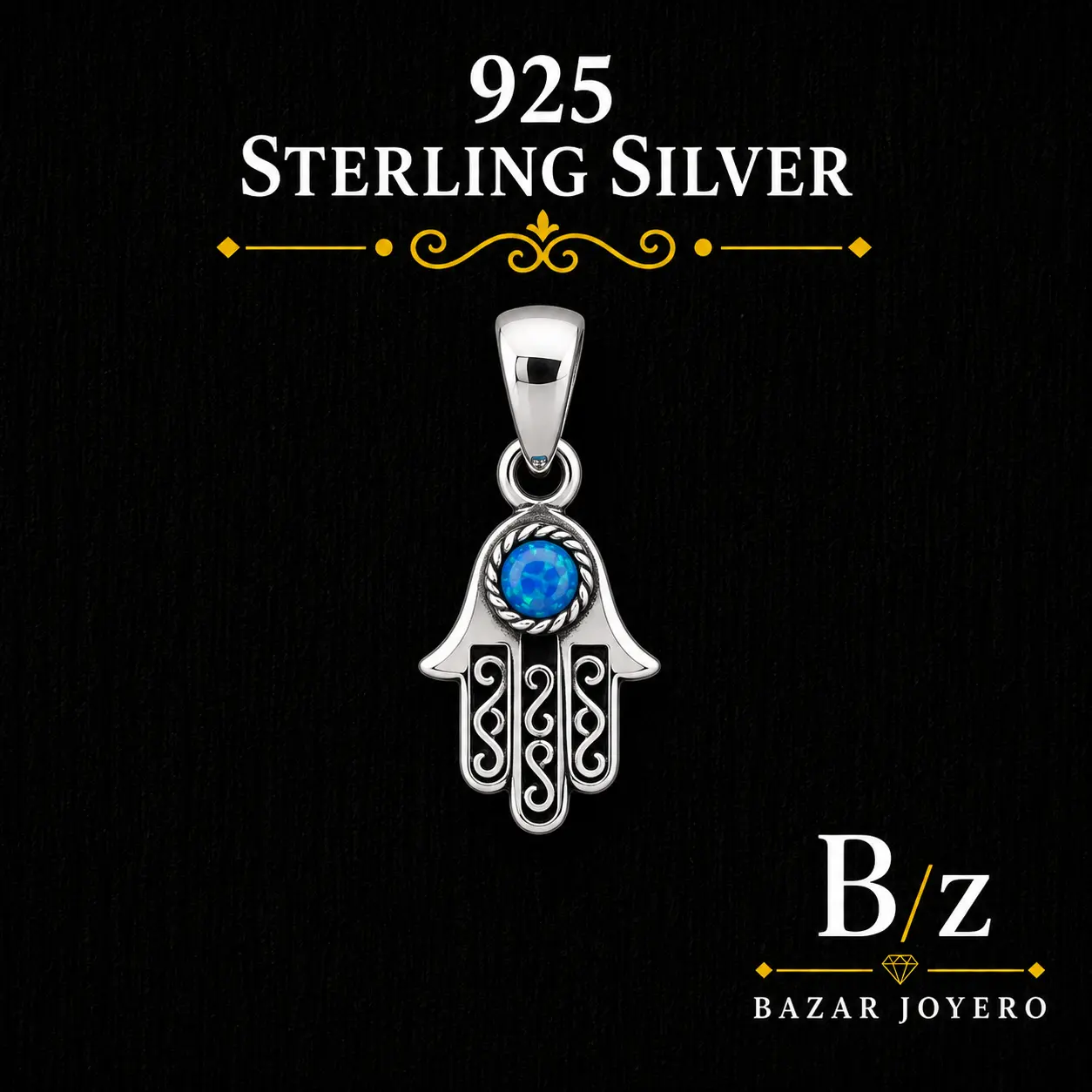 925 Sterling Silver Hamsa Hand Blue Lab Opal Pendant – Protection & Good Luck Charm