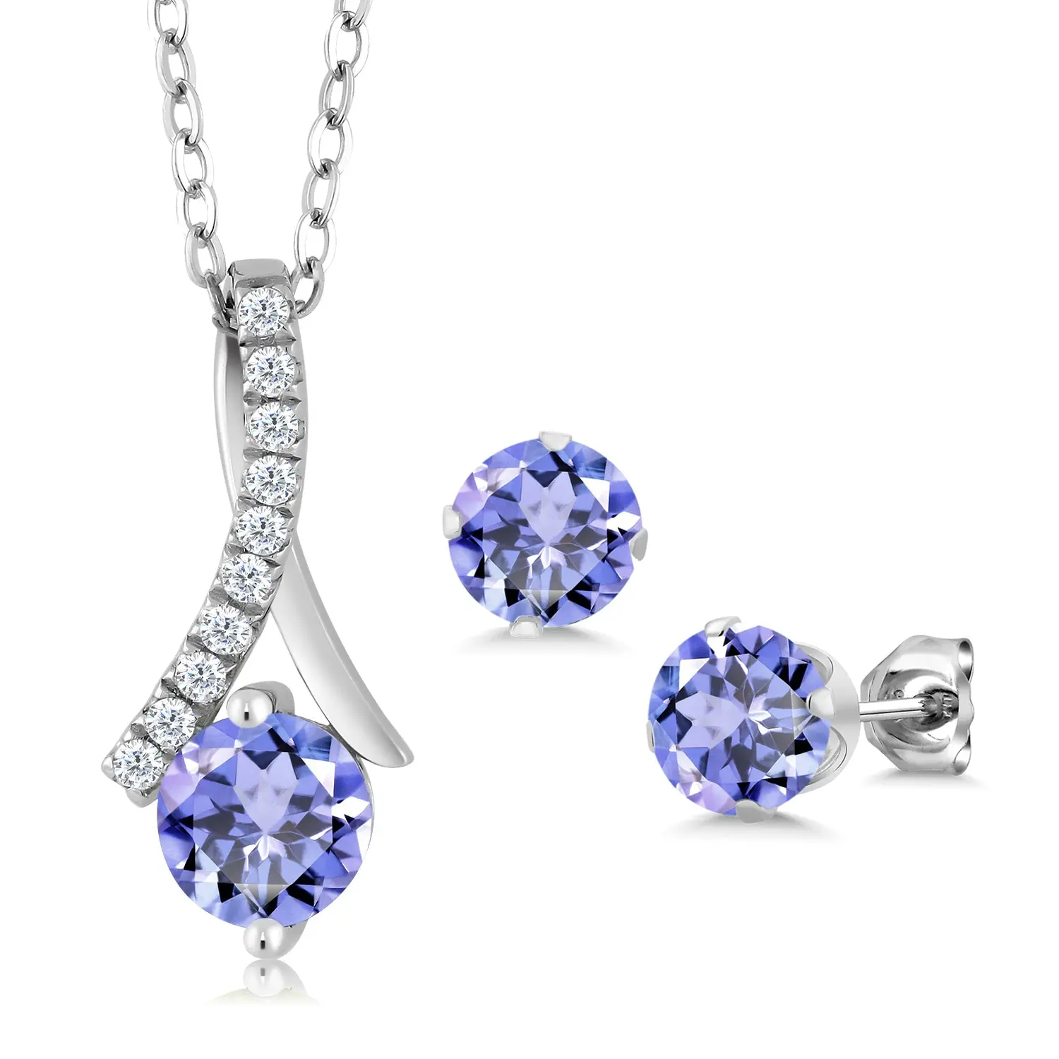 1.97 Cttw Blue Tanzanite Pendant and Earrings Jewelry Set For Women | 925 Sterling Silver | Gemstone Birthstone | Round 6MM | With 18 Inch Silver Chain