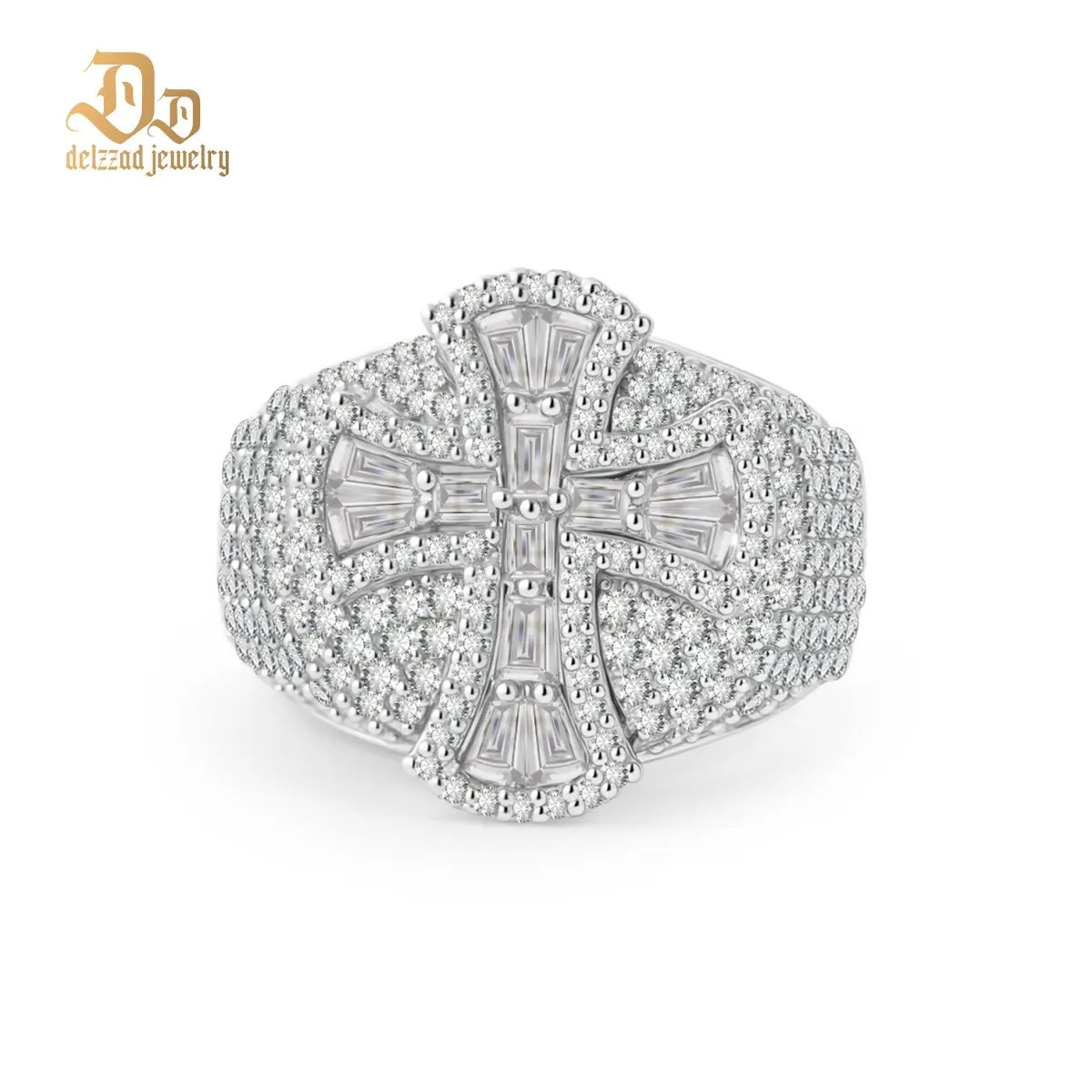 Delzzad 2ct Eternal Pillar Ring Fully Iced Out Ring Gothic Ring Band VVS Synthetic Moissanite Ring Jewelry Copper Band Hip Hop Cross Ring Perfect Birthday Engagement Wedding Anniversary Christmas Valentine's Day Gift