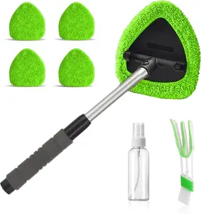 Windshield Cleaner Tool, Windshield Wiper Tools for Interior & Exterior Glass Cleaning - 4 Reusable Microfiber Pads Car Window Cleaner Kit with Extendable Handle for Trucks SUVs RVs & Home Use