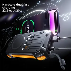 20000mah Solar power bank supports solar charging,22.5W fast charge,Built-in-LED light aids emergency lighting, outdoor powerbank with 4 built -in-cables