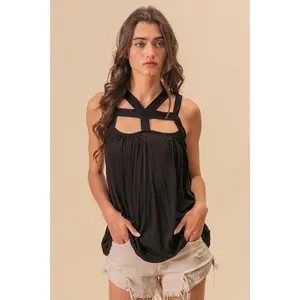 BiBi Cut Out Strap Detail Top - Sexy Rayon Span Jersey Shirt - Edgy Aesthetic Streetwear