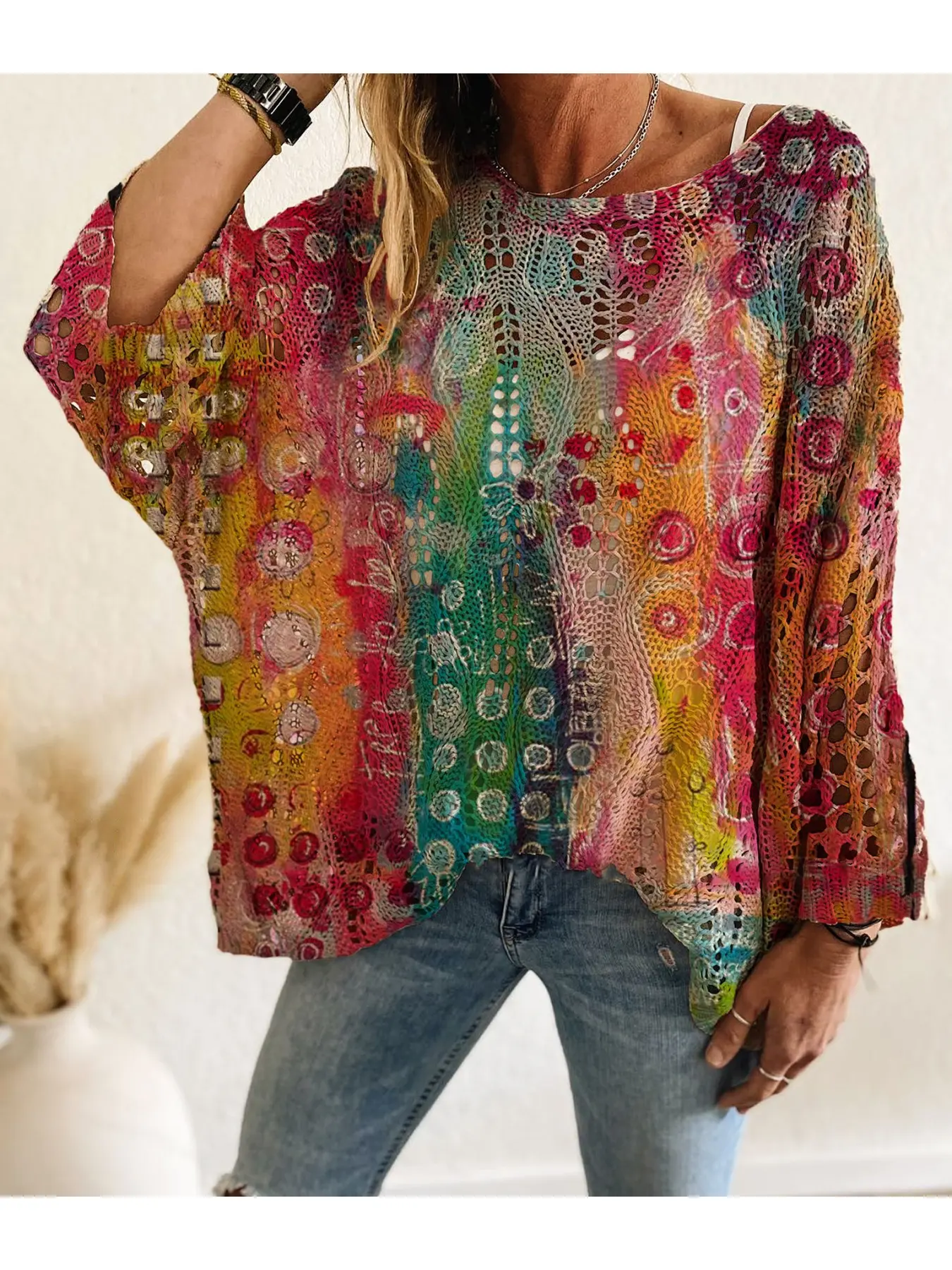Multicolor Spring/Summer style, boat neck with diamond cutout, batwing drop shoulder loose fit, long-sleeve women's knitted top with contrast rainbow letter print, vacation style, casual for commuting, women's vest cover-up
