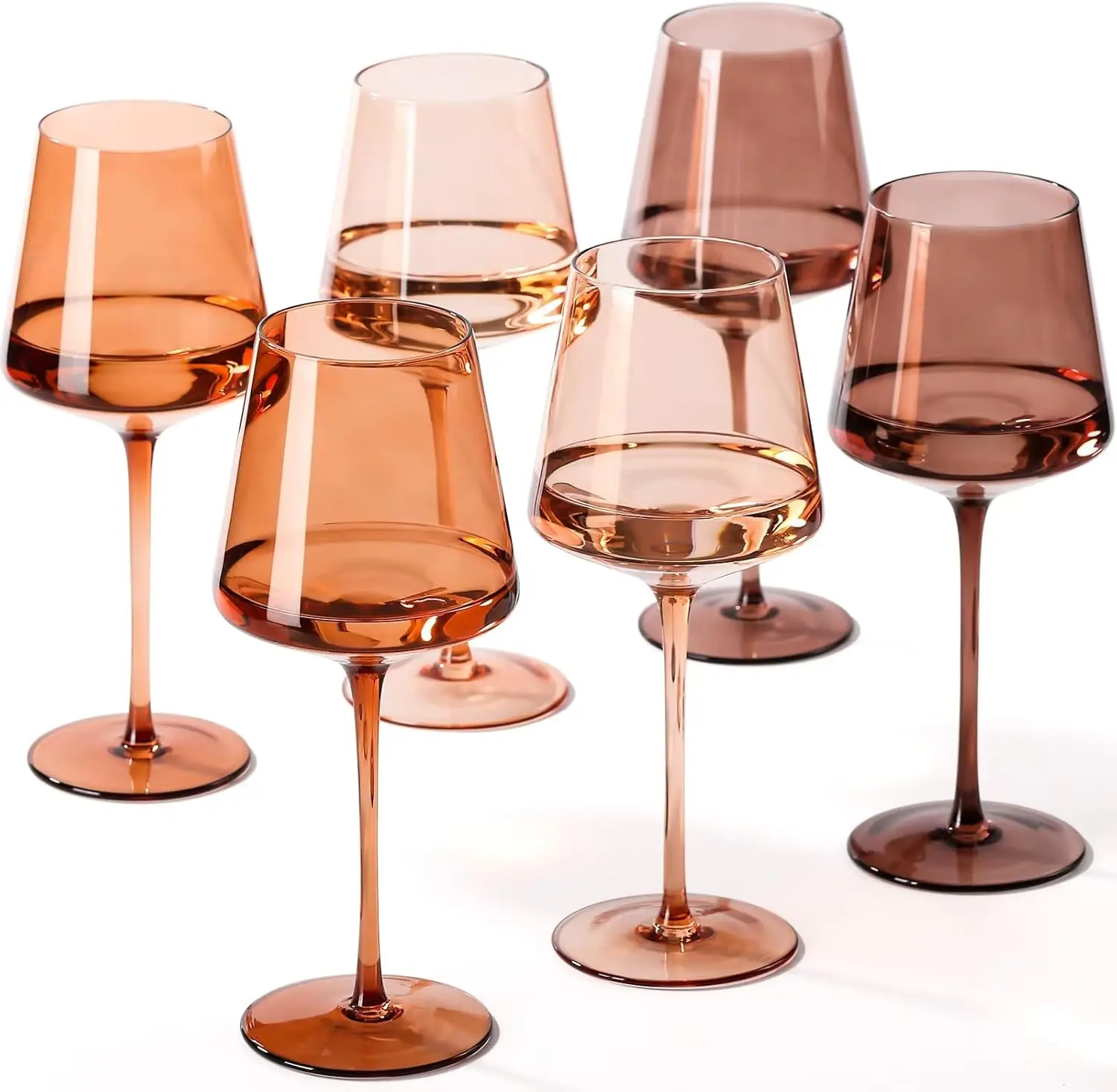 【Mother's Day gifts】Venus Hand Blown Brown Wine Glasses Set of 6-18oz with Tall Long Stems and Flat Bottom, Unique Gift for Wine Lovers - Drinkware