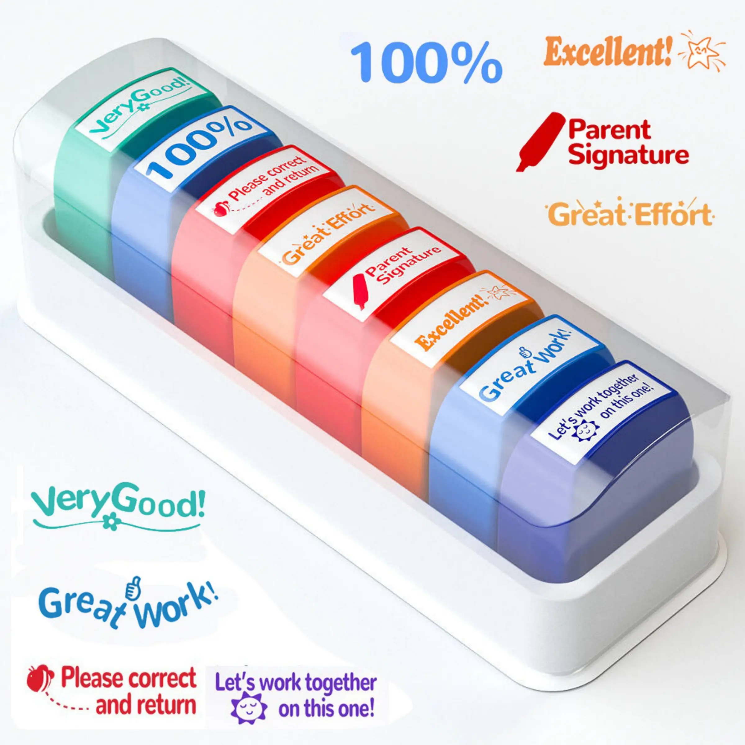 English Teacher Stamp Set, Automatic Ink Stamps for Grading & Encouragement, Colorful Signature Stamps for Homework, Back-To-School Supplies, Book Stamps, Office Stamps