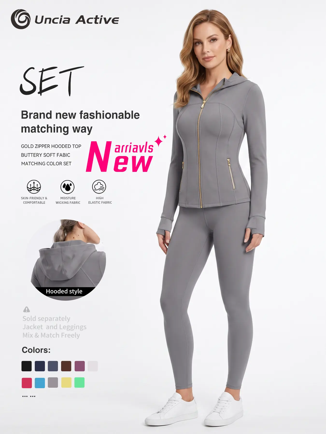 Gold zipper yoga set,Hooded workout jacket,Buttery soft activewear,Womens fitness set,Pilates outfit,2 piece yoga suit,Slim tracksuit,High stretch gym wear,Matching sport set,Jogging outfit,Fitted yoga hoodie,Moisture wicking sportswear