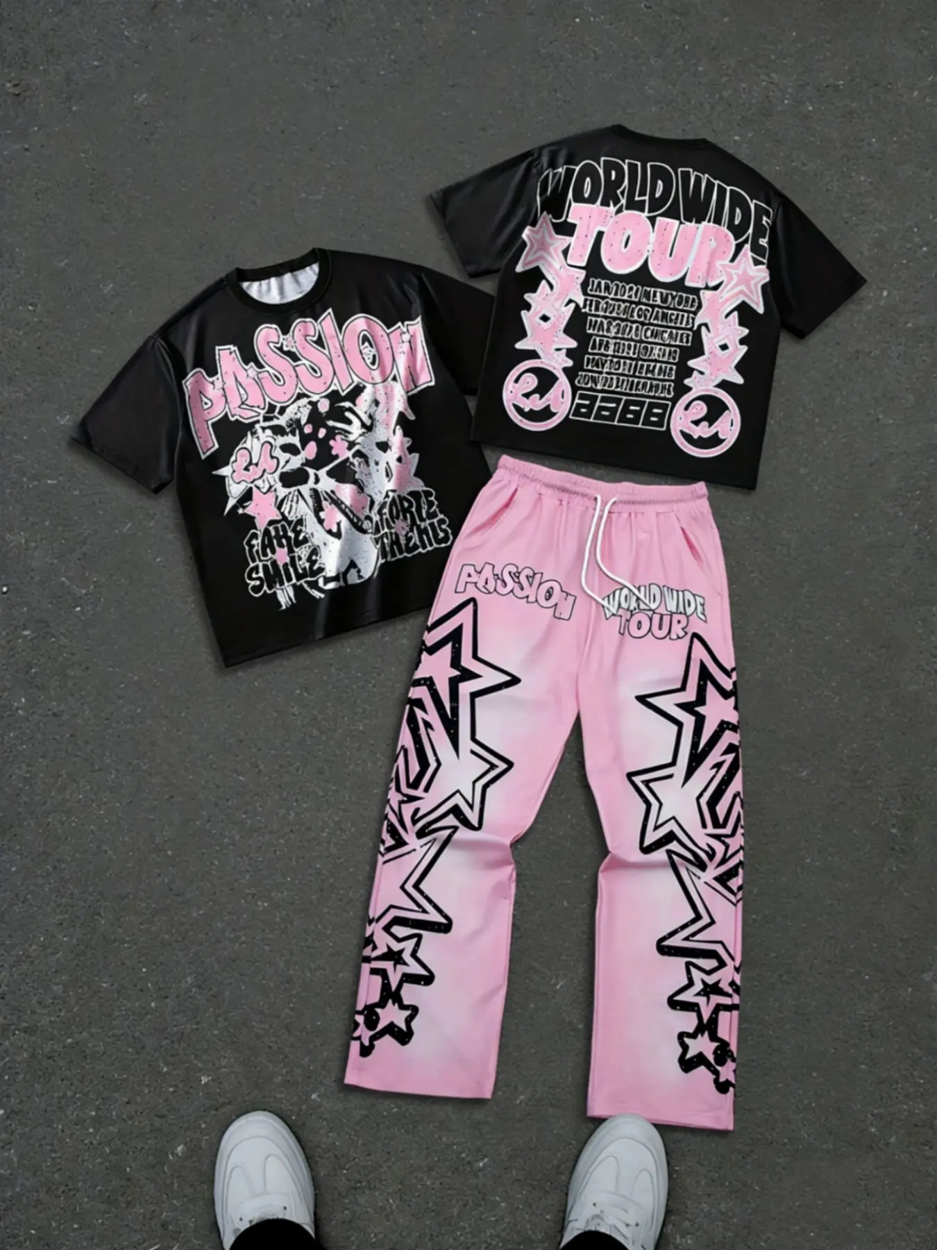 American street-style cool: a two-piece Streetwear set featuring a black-and-pink graffiti lettering and portrait print short-sleeve T-shirt and gradient-print casual pants—perfect for summer Everyday casual wear