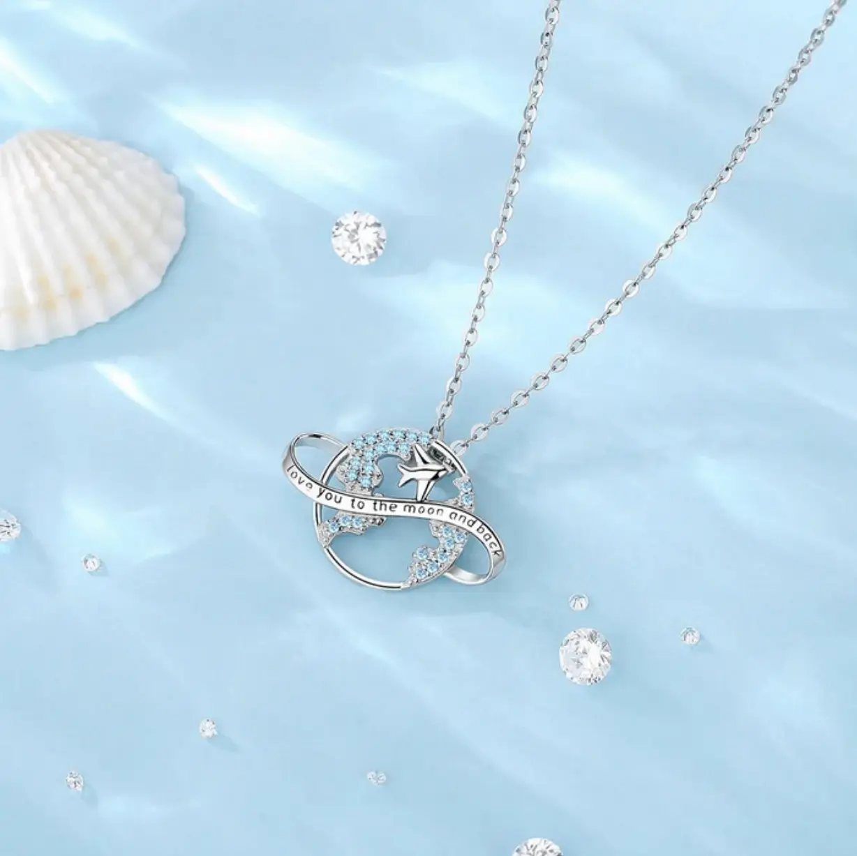 Exquisite 925 Sterling Silver Around the Globe Airplane Pendant Necklace
