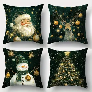 4pcs, Christmas Green Theme Throw Pillow Covers, Santa, Reindeer, Snowman & Tree Printed Cushion Cases with Zipper Closure, Holiday Decor for Sofa, Bed, Xmas Tree, Single Sided Printing, No Pillow Core