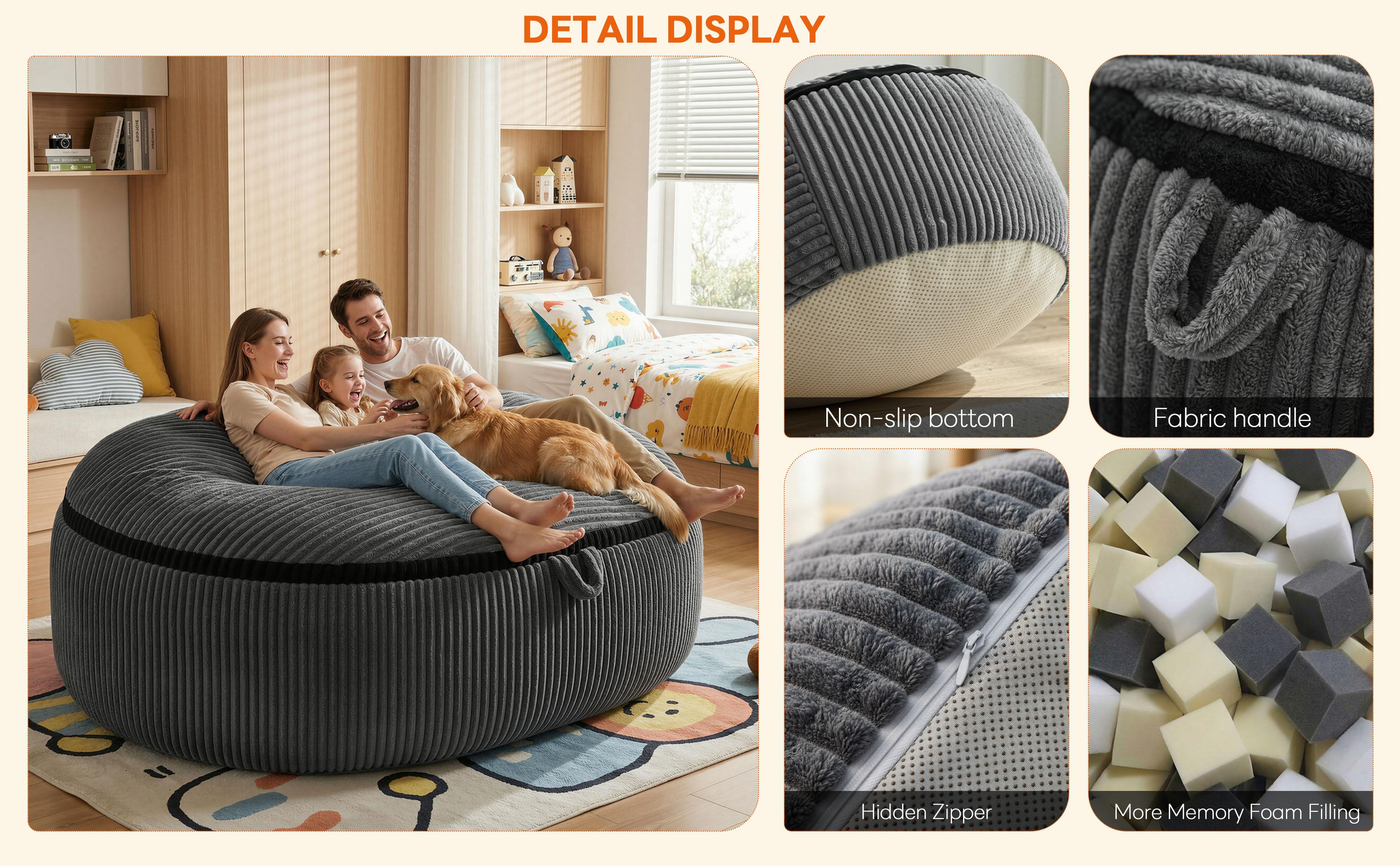 LIKIMIO 5/8FT Bean Bag Chairs with Machine Washable Removeable Flannel Cover & Memory Foam Filling, Large Giant Beanbag for Adults for Living Room, Bedroom (Grey)