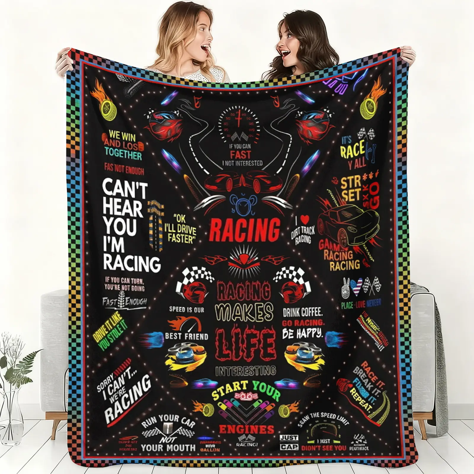 Can't Hear You I'm Racing Throw Blanket, Checkered Flag Flannel Blanket, Soft Cozy Warm Throw, Neon Flame Design, Gift for Car Lover Him, Speed Man Cave Bedroom Couch Decor ﻿ holiday