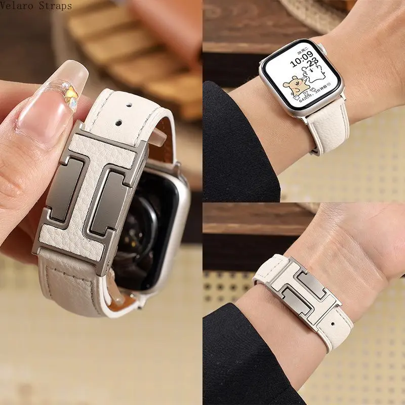 Beige H-Type Magnetic Buckle Genuine Leather Watch Band with Lychee Pattern, Adjustable Secure Fit for 38-49mm Smartwatches, Fashion Accessory Strap, (Main Promotion) Beige, Secure Mag Hold