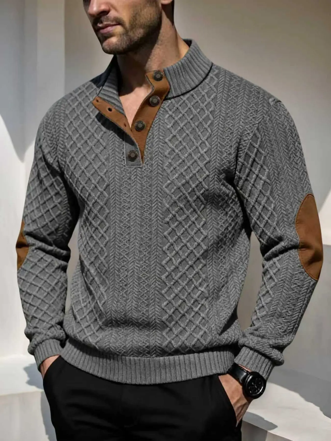 Men's Autumn Winter Warm Patchwork Knit Sweater Long Sleeve, Business Casual Chic Fitted Half Buttoned Thick Knitwear Jumper Stylish Pullover, Elbow Wear Resistant, Daily Commute Top