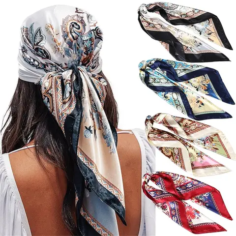 Women's 4-Piece 35x35in Printed Large Square Satin Scarf Set - Floral Pattern Shawl, Neck Kerchief, Scarf Head Wrap, Abrasion Resistant Head Scarves, Soft Polyester, Gentle Wear, Elegant Look, Easy Styling (Ideal for Wife Anniversary, Mother’s Day)