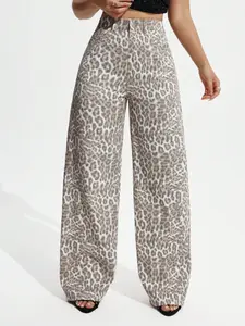 Vintage Leopard Print High Waist Wide Leg Denim Jeans Loose Drape Floor Length Streetwear Casual Pants For Women