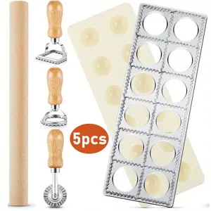 5 Pieces Ravioli Mold Set Include 12 Holes Ravioli Maker Press 3 Pieces Pasta Cutter Stamp Maker 1 Piece Wood Rolling Pin Pasta Making Tools Pelmeni Mold for Homemade Kitchen Gift Ideas Supplies