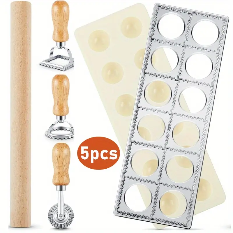 5 Pieces Ravioli Mold Set Include 12 Holes Ravioli Maker Press 3 Pieces Pasta Cutter Stamp Maker 1 Piece Wood Rolling Pin Pasta Making Tools Pelmeni Mold for Homemade Kitchen Gift Ideas Supplies