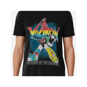 Voltron Science Fiction Hero Short-sleeved T-shirt: Yellow and Blue Robot Fighting Posture, Right Hand Holding Sword Left Fist, Starry Background Spaceship Station, VOLTRON Words Heroic, DEFENDER OF THE UNIVERSE Add Legend