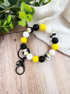 Silicone Beaded Wristlet Keychain, Boho Floral Daisy Print Matte Silicone Beads Key Ring Holder, Cute Pastel Multi-Color Beaded Keychain for Women Girls, Hands-Free Anti-Lost Wrist Strap for Keys Purse Bag Accessories, Bohemian Aesthetic Handmade Beaded K