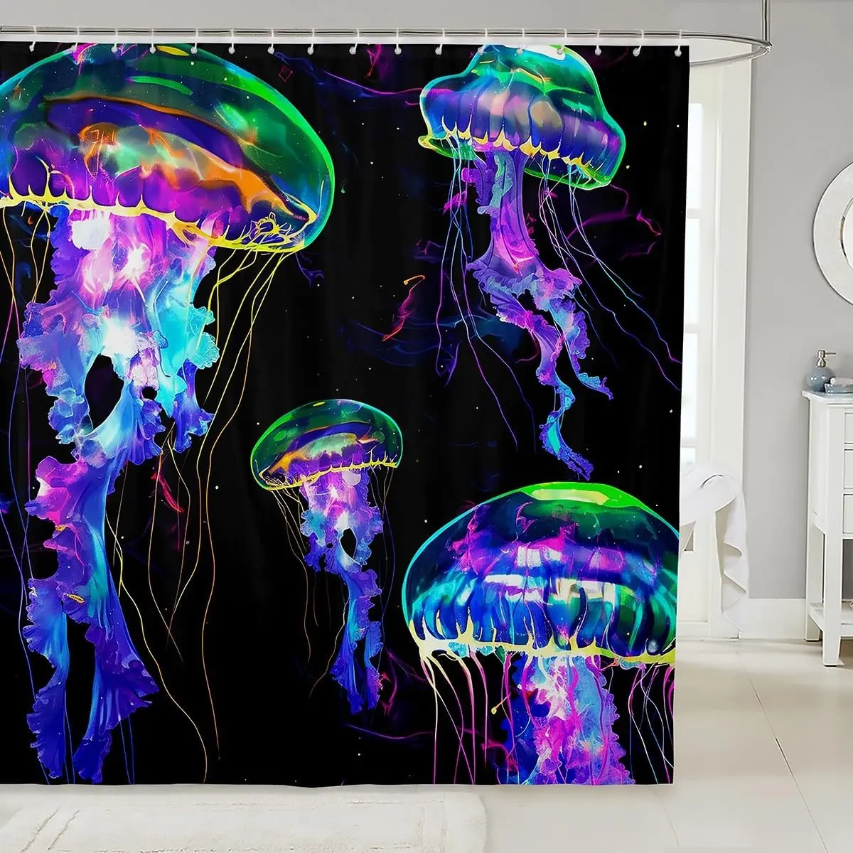Watercolor Jellyfish Shower Curtain Neon Gradient Jellyfish Bathroom Curtain,Wild Animal Bath Curtain Ocean Wildlife Shower Curtain Set,Marine Sea Themed Bathroom Accessories