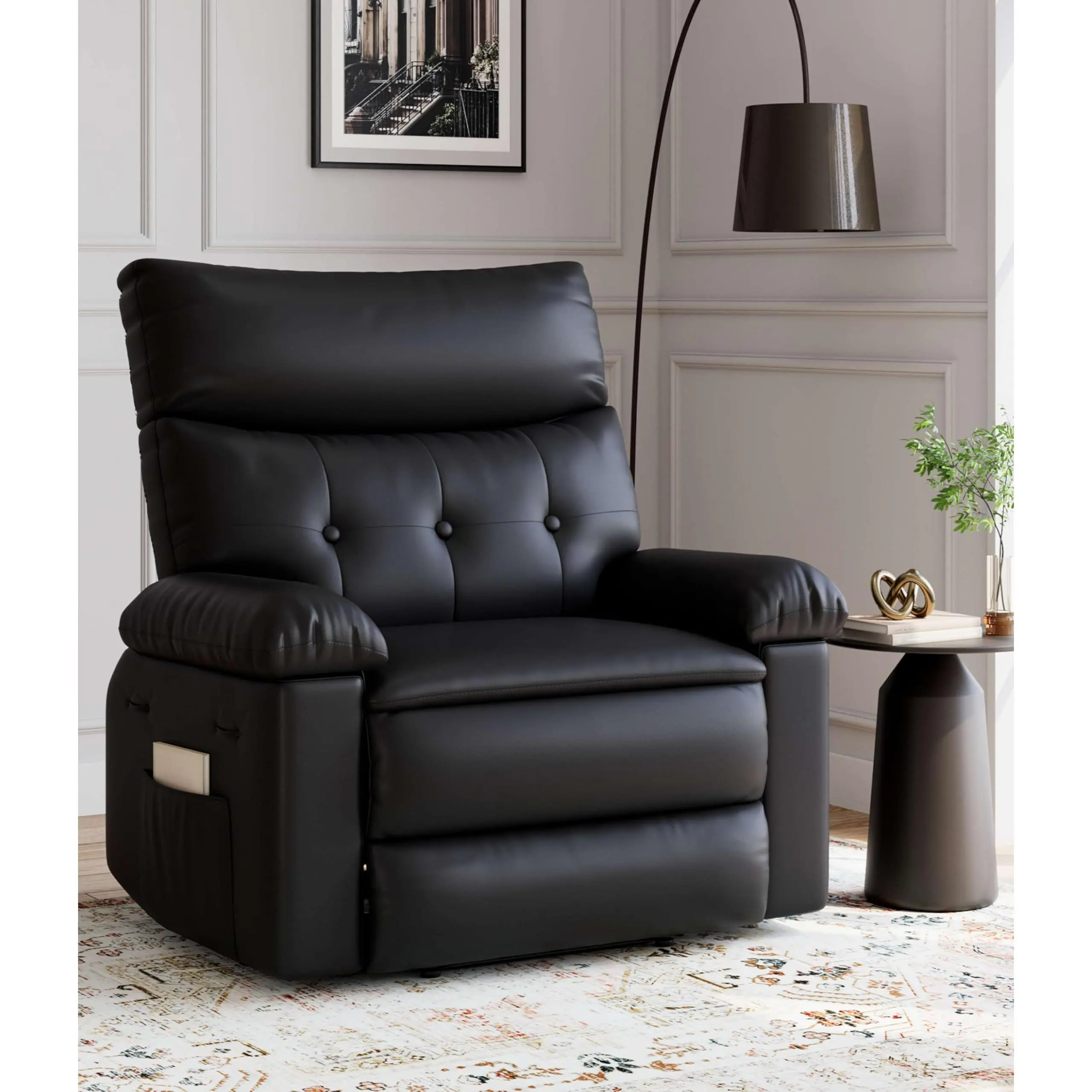PU Leather Ergonomic Swivel Chair for Adults - 360° Rotation, Soft Comfortable Armrests, Side Pocket, Metal Base, Adjustable Back, Simple Setup, 37.4in W x 37.4in D x 40.6in H, Assembly Required - Modern Indoor Single Seating for Living Room, Home Theatre