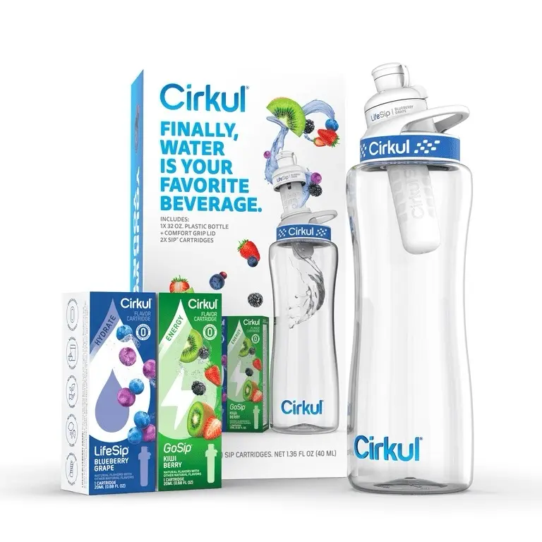 Cirkul 32oz Plastic Starter Kit with Navy Blue Lid, 2 Flavor Cartridges (Blueberry Grape & Kiwi Berry) Low Sugar Low Sugar Sugar Free Sugar Free Beverage Flavored