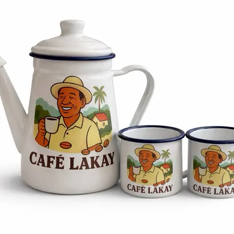 Café Lakay Traditional Enamel Coffee Set - 1 Pot + 2 or 4 Cups, 4-Cup Share Set Option, Classic Shape, Café-Style Serving, Kitchenware for Coffee Lovers, Small Gatherings