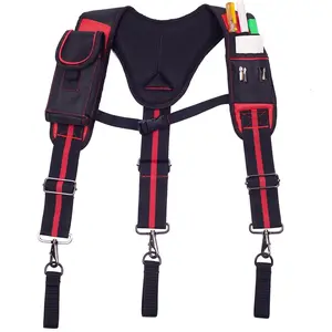 Tool Belt Suspenders for Men Carpenter Tool Belt with Suspenders Padded Tool Belt Suspenders With  Pocket (Red and Black)