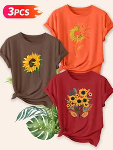 3 Piece Women's Sunflower Pattern Cotton T-Shirt Set, Loose Fit Short Sleeve, Soft Breathable Fabric for Summer Beach Wear, Tee
