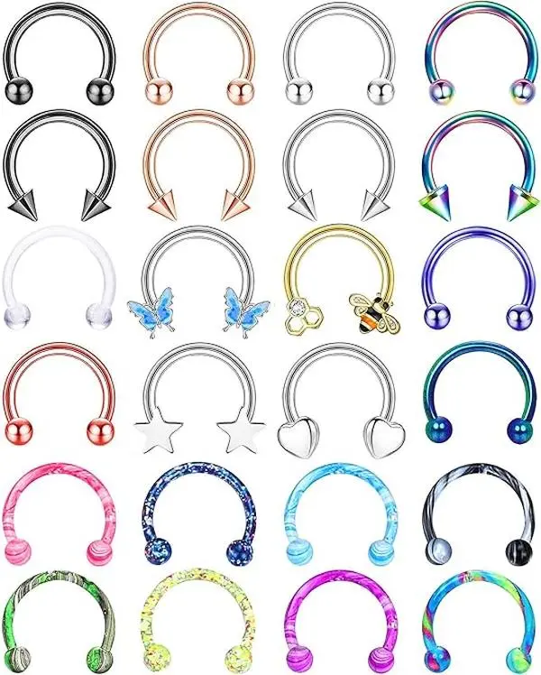 BESTEEL 24 PCS Septum Nose Rings for Women 16G - Hypoallergenic Horseshoe Lip Daith Piercing Jewelry Cute Small Stainless Surgical Steel Rook Conch Helix Tragus Daith Cartilage Earrings Hoops Set 10mm