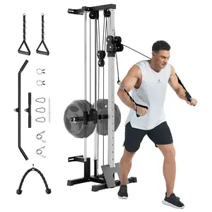 Wall Mount Cable Station, LAT Pulldown Machine with 19 Positions Dual Pulley, 400LBS Capacity Cable Crossover Machine with Footplate T-Bar Tricep Rope Attachments, High-Density Carbon Steel Space Saving Strength Workout Equipment for Home Gym Garage