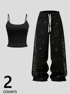 Women's Casual Set Fashion Tank Top with Street Style Design, Rhinestone Straight Leg Wide Leg Pants, Home Wear & Party, All Seasons
