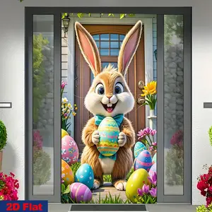 1PC Reusable Polyester 2D Flat Easter Door Banner - Cartoon Bunny with Colorful Print, Home Backdrop for Easter, Birthday Party Supplies,summerwins