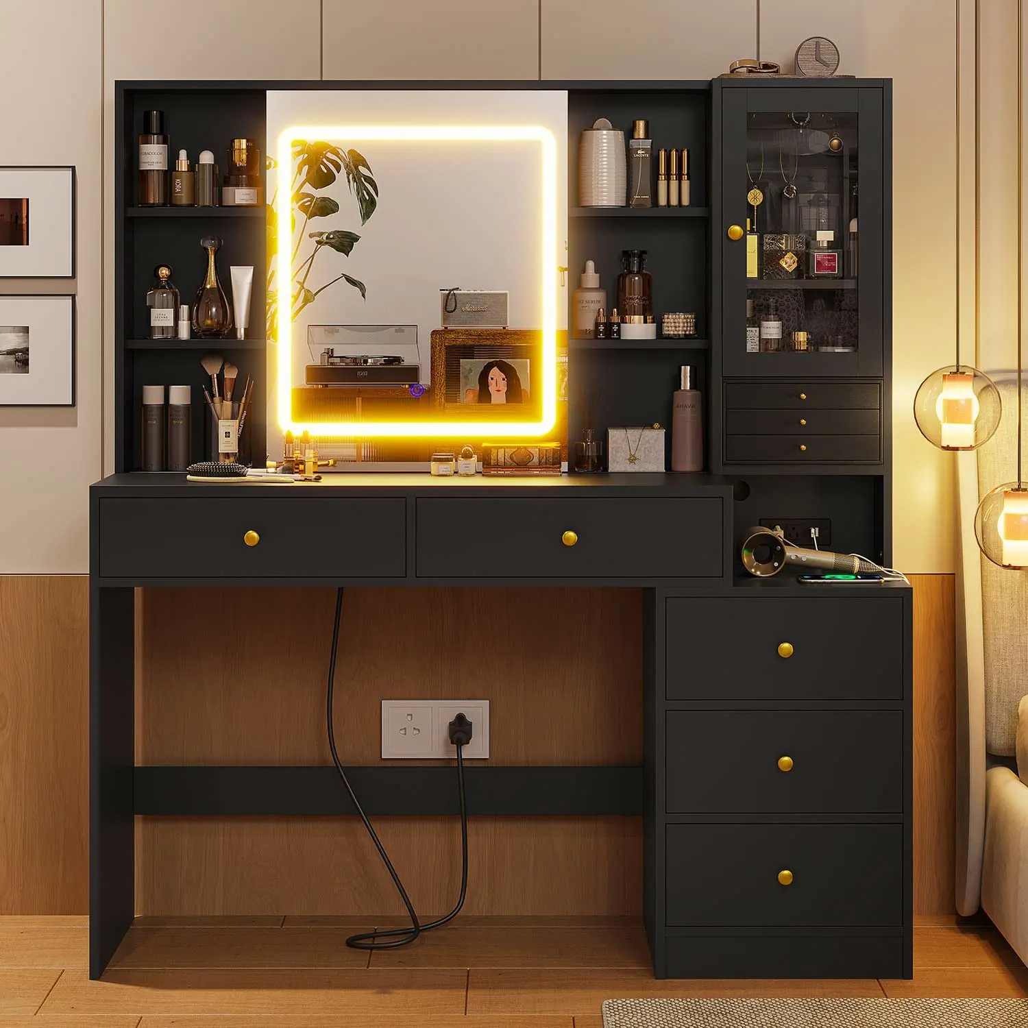 Sikaic Makeup Vanity with Sliding Mirror and Charging Station, LED Vanity Desk with Jewelry Storage Drawers