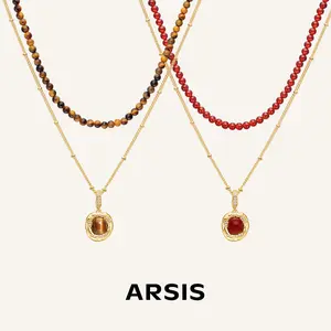 ARISIS Good Luck Layered Duo Necklace with Tiger Eye & red agate